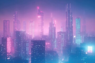 Obraz premium ethereal gradient cyberpunk cityscape neonlit skyscrapers fade into misty blue horizon