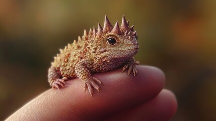 98.A close-up image of a horned lizard perched delicately on a fingertip, its spiny scales and earthy tones sharply detailed against a blurred background of soft greens and browns, evoking a natural
