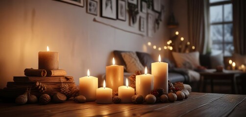 Cozy home atmosphere with candles and decorations , lighting, cozy