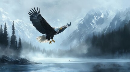 Fototapeta premium 104.A majestic bald eagle in mid-dive with wings folded back, talons outstretched, aiming for a fish just beneath the surface of a crystal-clear Alaskan lake, surrounded by misty mountain peaks.