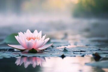 ethereal lotus blossom floating on misty water at dawn soft pink petals unfurling