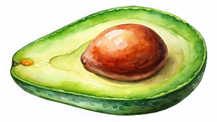 Watercolor Avocado Half on a Crisp White Canvas