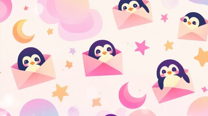 89.A kawaii-style pattern with penguins peeking from open paper envelopes, complemented by celestial elements like stars and moons, arranged on a soft pink and white gradient background.