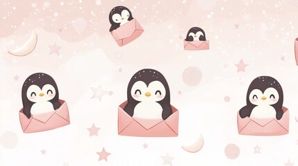 Naklejka premium 89.A kawaii-style pattern with penguins peeking from open paper envelopes, complemented by celestial elements like stars and moons, arranged on a soft pink and white gradient background.