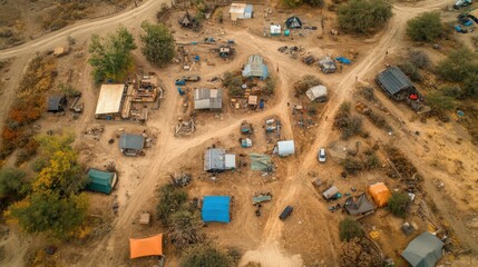 Aerial view of a remote, rustic community with various dwellings and vehicles.
