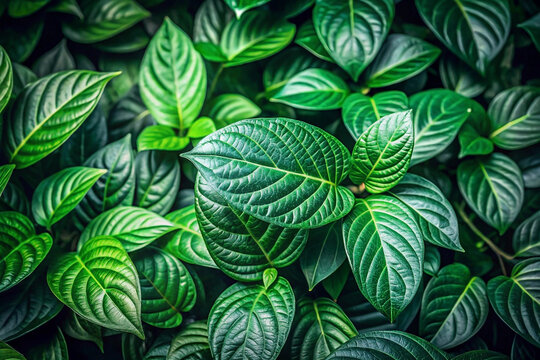 Lush green foliage texture, tropical garden, vibrant leaves, background blur, nature design