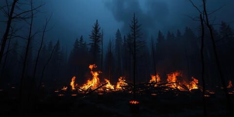Dark and eerie scene of a raging infernal fire consuming a dense wood forest, eerie, disaster, dark