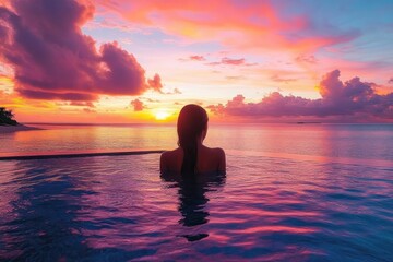 Fototapeta premium Sunset silhouette woman infinity pool ocean reflections tranquil vacation paradise Tahiti Bora Bora luxury resort