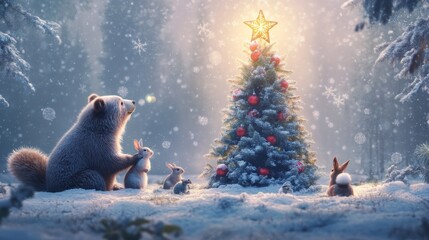 Obraz premium 15.A serene winter wonderland with a child joyfully placing a star atop a decorated tree, while a friendly bear sits nearby, rabbits and squirrels scatter about, and soft snowflakes fall gently on