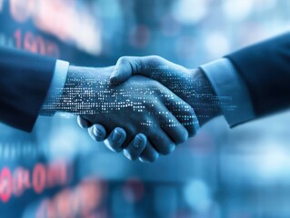 Business partnership concept with digital elements overlay, symbolizing technology integration and professional collaboration.