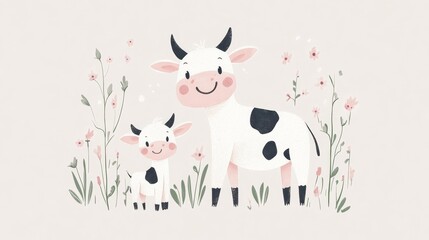 57.A simple children's style vector featuring a cow with a wide smile and her curious calf, both illustrated in soft pastel tones, surrounded by a few scattered flowers and a light, minimal white