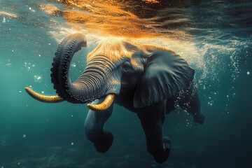 Fototapeta premium Majestic Elephant Swimming Underwater with Bubbles and Sunlight
