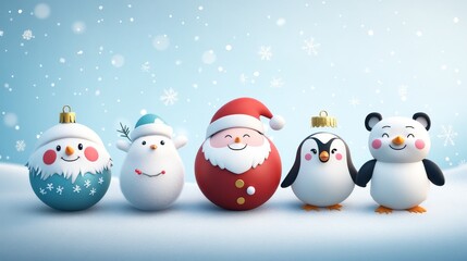 Fototapeta premium 23.A vibrant illustration of cartoon Christmas baubles with faces of a smiling snowman, a jolly Santa, a penguin with rosy cheeks, and a polar bear, set against a snowy holiday-themed background.
