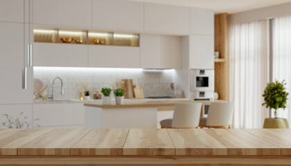 Kitchen with a counter and cabinets,Empty wooden table with the bright white interior- 3D rendering