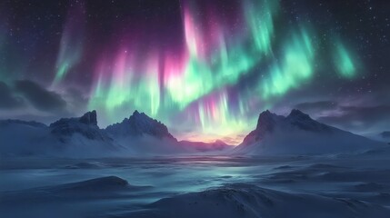 Naklejka premium A beautiful aurora borealis is seen in the sky above a snowy landscape