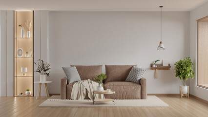 Living room interior with mocha brown mousse sofa and decor on empty white color wall background- 3D rendering © Vanitjan