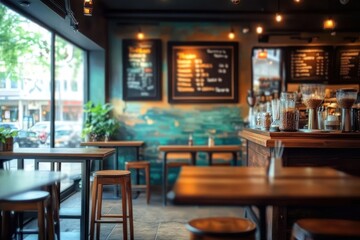 Fototapeta premium Cozy Coffee Shop Interior with Warm Lighting and Vintage Ambiance