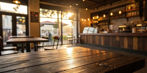 Dark wooden table set against a blurred cafe background with warm golden light casting a subtle glow on the wood surface, relaxed mood, rustic decor, cafe ambiance, dark background, warm tones