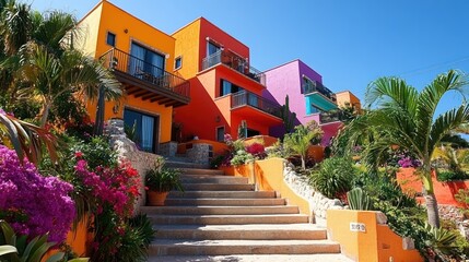 Colorful houses on hillside with stairs, lush plants, sunny day.
