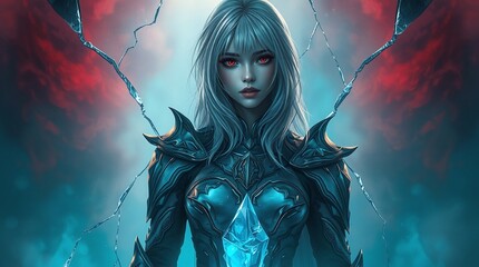 A silver-haired female demon hunter with broken glass armor 