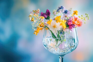 ethereal spring garden bouquet floating in crystal wine glass soft backlight