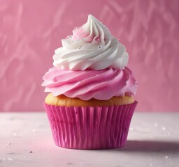 delicate magenta pink frosted cupcake with white accents, pretty, artistry, swirls, creamy