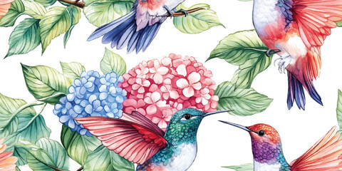 Vector floral seamless pattern with delicate plants small pink blue hydrangea flowers and hummingbird for wallpapers textile or background © Eli Berr