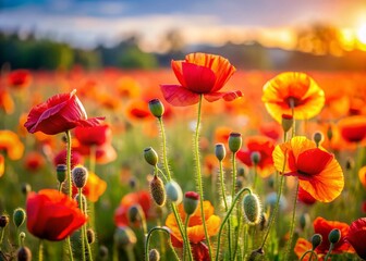 Naklejka premium Wild Poppy Meadow in High Depth of Field