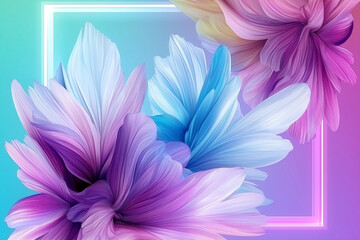 Fototapeta premium A colorful flower arrangement with a blue and purple background. The flowers are arranged in a way that they look like they are growing out of the frame. The colors of the flowers