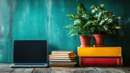 Laptop, books, and plants on wooden desk against teal wall.