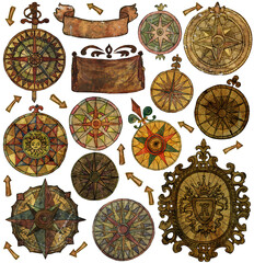 Design set with colorful hand drawn old compasses or rose winds with decorative elements, arrows and patterns. Vintage transportation and adventures concept isolated on white.