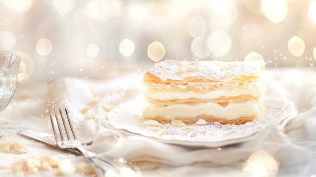 Delicate French mille-feuille layered pastry with custard in rustic setting showcases culinary artistry and elegance