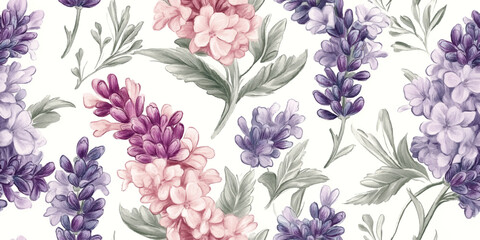Vector Seamless vintage pattern in a Provence style with lavender flowers, in watercolor on a white background. Ideal for wallpaper, botanical summer floral print nature design