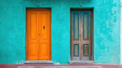 Vibrant orange and weathered wood doors on a teal wall. Ideal for travel, home decor, and contrast themes.
