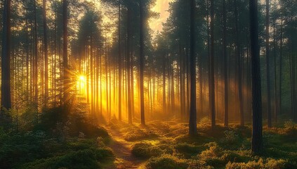 Fototapeta premium Serene Sunrise in a Quiet Pine Forest with Golden Rays and Soft Mist