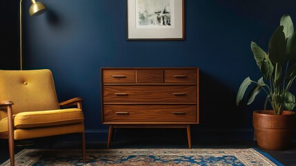 Mid-century modern chest of drawers in a living room with mustard armchair, artwork, and plant.