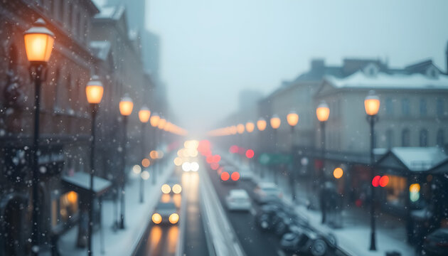 snowfall and defocused lights evening wintry city, dreamy atmosphere. isolated with white shades