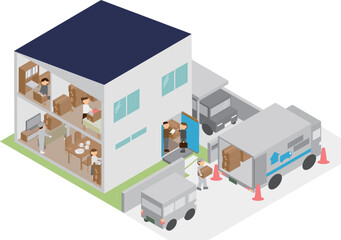 Fototapeta premium アイソメトリックな引越し中の住宅のイメージ素材