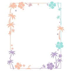 Obraz premium Tropical Floral Border Illustration with Pastel Hibiscus and Palm Tree Design for Invitations and Stationery
