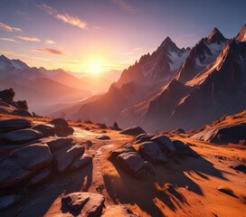 Obraz premium Dramatic mountain landscape with a vivid sunset casting long shadows, orange, sky, dramatic