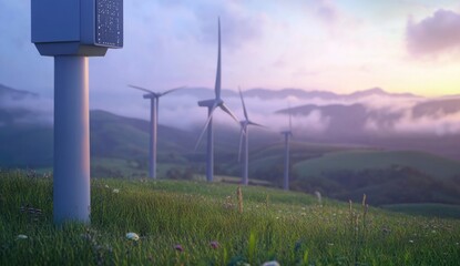 renewable or green energy technology concept picture of futuristic wind turbines power station.