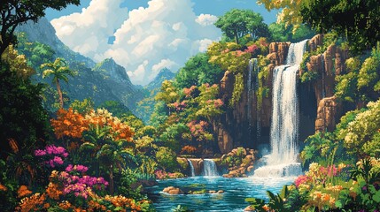 A tropical rainforest with cascading waterfalls and vibrant wildlife, lush and lively