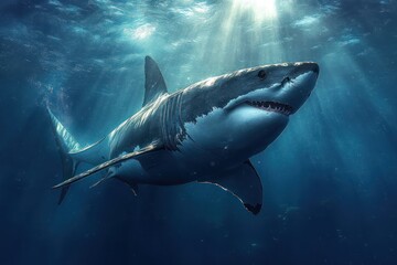 Fototapeta premium Great White Shark Underwater Photography in Blue Ocean Crystal Clear Waters Predator Hunting