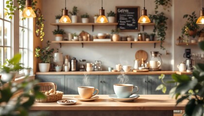 Fototapeta premium Cozy Coffee Shop Atmosphere Two Cups of Coffee Warm Lighting
