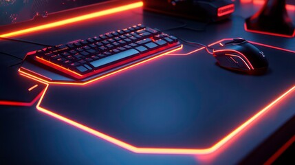 Illuminated gaming desk with keyboard and mouse.