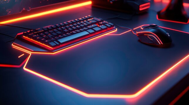 Illuminated gaming desk with keyboard and mouse.