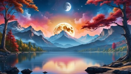  Full moon over peaceful lake with colorful sky and blooming tree.