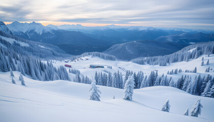 snow covered ski slopes in snowy winter in Swiss Alps. isolated with white shades