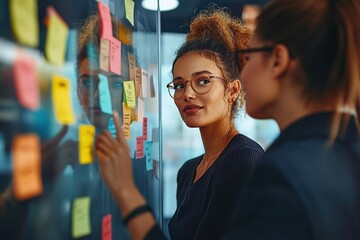 Diverse Team Collaborating on Business Strategies with Sticky Notes in Modern Office Environment
