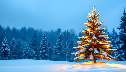 Abstract winter scene with christmas tree, Side lit. isolated with white shades